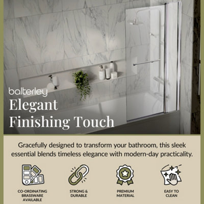 Square 6mm Toughened Safety Glass Reversible Straight Shower Bath Screen with Fixed Panel and Rail - Chrome - Balterley