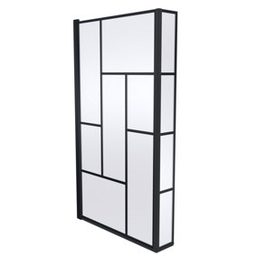 Square Abstract Framed 6mm Toughened Safety Glass Reversible Square L Shape Shower Bath Screen & Fixed Return - Black - Balterley