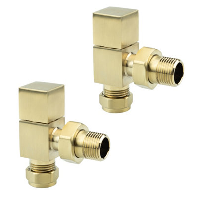 Square Angled Brushed Brass Radiator Valves Solid Brass 15mm - Pair