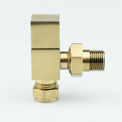 Square Angled Brushed Brass Radiator Valves Solid Brass 15mm - Pair