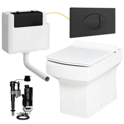 Square Back to Wall Toilet Pan with Soft Close Slim Seat and Concealed Cistern Black Dual Flush Plate