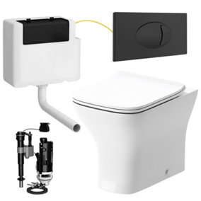 Square Back to Wall Toilet Pan with Soft Close Slim Seat and Concealed Cistern Black Flush Plate