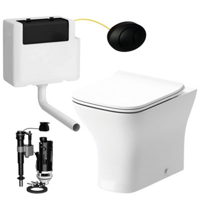 Square Back to Wall Toilet Pan with Soft Close Slim Seat and Concealed Cistern Black Oval Push Button