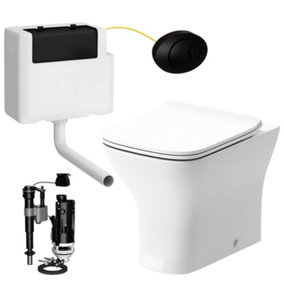 Square Back to Wall Toilet Pan with Soft Close Slim Seat and Concealed Cistern Black Oval Push Button