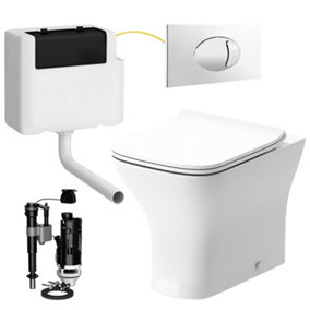 Square Back to Wall Toilet Pan with Soft Close Slim Seat and Concealed Cistern Chrome Flush Plate