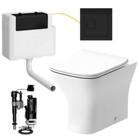 Square Back to Wall Toilet Pan with Soft Close Slim Seat and Concealed Cistern Square Black Flush Button