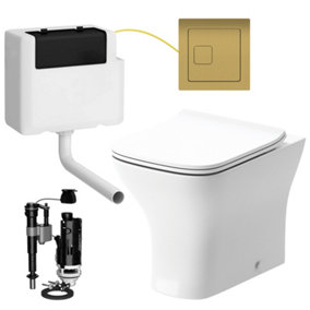 Square Back to Wall Toilet Pan with Soft Close Slim Seat and Concealed Cistern Square Brass Flush Button