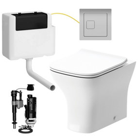 Square Back to Wall Toilet Pan with Soft Close Slim Seat and Concealed Cistern Square Chrome Flush Button