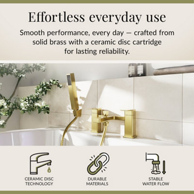 Square Bath Shower Mixer Tap with Shower Kit - Brushed Brass - Balterley