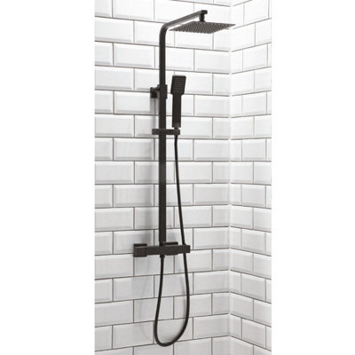 Square Black Thermostatic Overhead Shower Kit & Basin & Bath Filler Tap ...