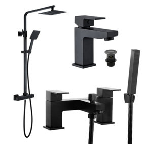 Square Black Thermostatic Overhead Shower Kit & Form Basin & Bath Shower Mixer Tap Pack