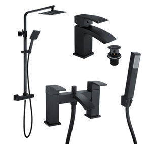 Square Black Thermostatic Overhead Shower Kit & Lucia Basin & Bath Shower Mixer Tap Pack