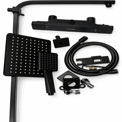Square Black Thermostatic Shower System with Extendable Rail, Rainfall ...