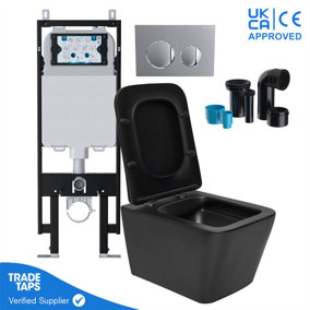 Square Black Wall Hung Toilet Pan Slim Concealed Cistern Frame 1.14-1.35m w/Chrome flush Plate