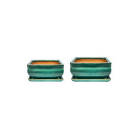 Square Bonsai Planter Set of 2 - Ceramic - L25 x W25 x H11 cm - Teal