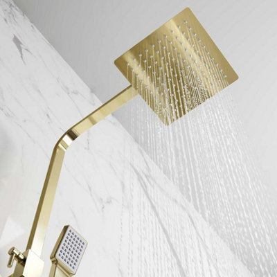 Square Brushed Brass Thermostatic Shower Twin Head