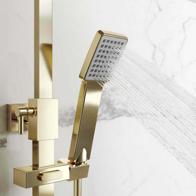 Square Brushed Brass Thermostatic Shower Twin Head - 3
