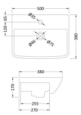 Square Ceramics Semi Recessed 1 Tap Hole Minimalist Basin (Tap Not Included), 500mm - Balterley
