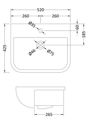Square Ceramics Semi Recessed 1 Tap Hole Minimalist Basin (Tap Not Included), 520mm - Balterley