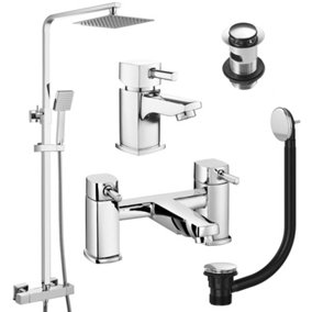 Square Chrome Thermostatic Overhead Shower Kit with Cube Basin Mixer Tap & Bath Filler Set inc. Waste Set
