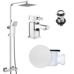 Square Chrome Thermostatic Overhead Shower Kit with Cube Basin Mixer Tap Set & Shower Waste
