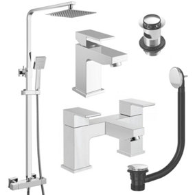 Square Chrome Thermostatic Overhead Shower Kit with Form Basin Mixer Tap & Bath Filler Set inc. Waste Set