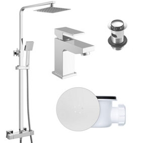 Square Chrome Thermostatic Overhead Shower Kit with Form Basin Mixer Tap Set & Shower Waste
