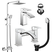 Square Chrome Thermostatic Overhead Shower Kit with Lucia Basin Mixer Tap & Bath Filler Set inc. Waste Set