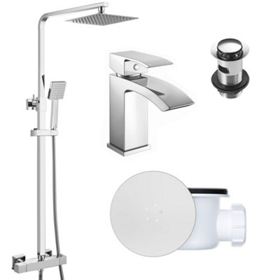 Square Chrome Thermostatic Overhead Shower Kit with Lucia Basin Mixer Tap Set & Shower Waste