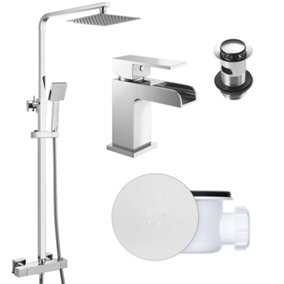 Square Chrome Thermostatic Overhead Shower Kit with Waterfall Basin Mixer Tap Set & Shower Waste