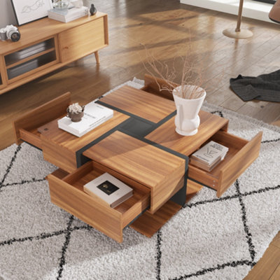 Square Coffee Table with 4 Drawers and Storage Side Table for Living Room