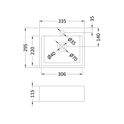Square Compact 1 Tap Hole Ceramic Countertop Vessel without Overflow - 335mm