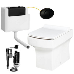 Square Compact Back to Wall Toilet Pan with Soft Close Slim Seat and Concealed Cistern Black Oval Push Button