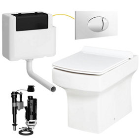 Square Compact Back to Wall Toilet Pan with Soft Close Slim Seat and Concealed Cistern Chrome Flush Plate