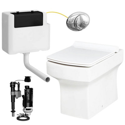 Square Compact Back to Wall Toilet Pan with Soft Close Slim Seat and Concealed Cistern Chrome Oval Push Button