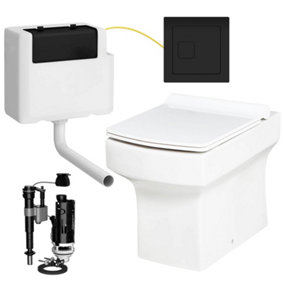 Square Compact Back to Wall Toilet Pan with Soft Close Slim Seat and Concealed Cistern Square Black Flush Button