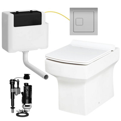 Square Compact Back to Wall Toilet Pan with Soft Close Slim Seat and Concealed Cistern Square Chrome Flush Button