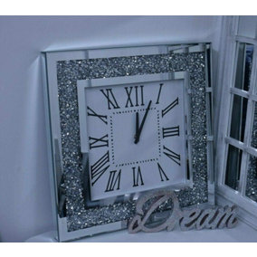 Square Crushed Jewel Mirror Wall Clock Black Hands Roman Diamante