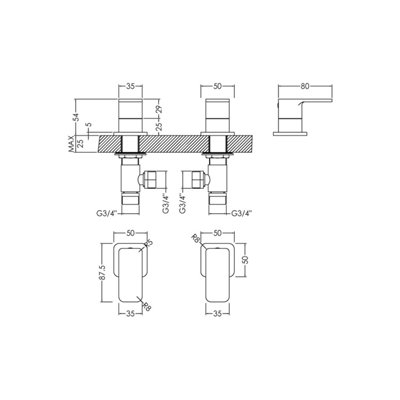 Square Deck Mounted 3/4" Chrome Side Valves Chrome