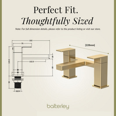 Square Deck Mounted Bath Filler Tap - Brushed Brass - Balterley - 3