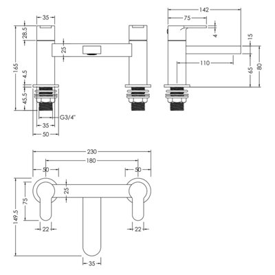Square Deck Mounted Bath Filler Tap - Brushed Pewter