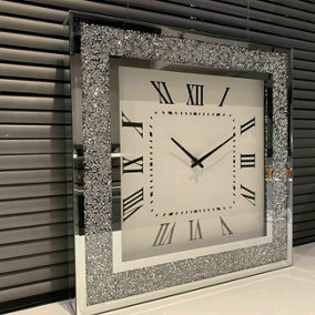 Square Diamante Wall Clock Elegant Luxury Crystal Mirror Crushed Jewel