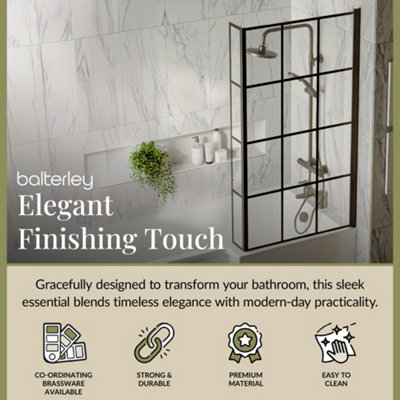 Square Framed 6mm Toughened Safety Glass Reversible L Shaped Bath Screen with Fixed Return - Black - Balterley