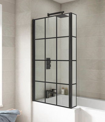 Square Framed 6mm Toughened Safety Glass Reversible L Shaped Bath Screen with Fixed Return - Black - Balterley