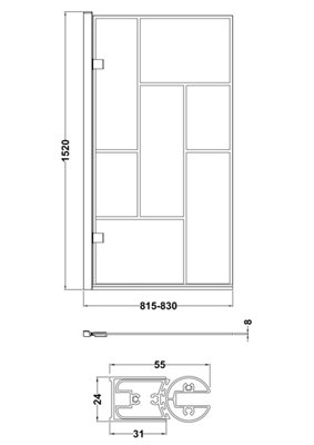 Square Framed 8mm Toughened Safety Glass Reversible Hinged Shower Bath Screen - Black