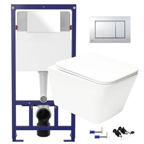 Square Gloss White Hidden Fixation Rimless Wall Hung Toilet & 1.12m Concealed Cistern Frame WC Unit with Gloss Chrome Flush Plate