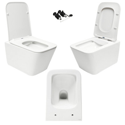 Square Gloss White Hidden Fixation Rimless Wall Hung Toilet & 1.12m Concealed Cistern Frame WC Unit with Gloss White Flush Plate