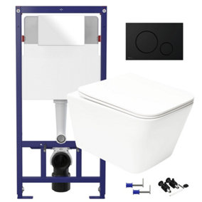 Square Gloss White Hidden Fixation Rimless Wall Hung Toilet & 1.12m Concealed Cistern Frame WC Unit with Matt Black Flush Plate