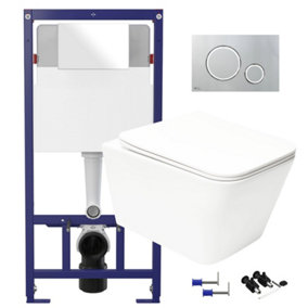 Square Gloss White Hidden Fixation Rimless Wall Hung Toilet & 1.12m Concealed Cistern WC Frame & Gloss Chrome, Trim Flush Plate
