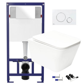 Square Gloss White Hidden Fixation Rimless Wall Hung Toilet & 1.12m Concealed Cistern WC Frame & Matt White, Trim Flush Plate